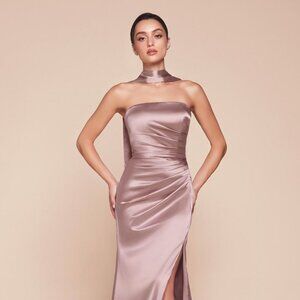 NEW FORMAL STRAPLESS SHEATH SATIN DRESS W/ STRAIGHT ACROSS NECK & SASH CD 7451